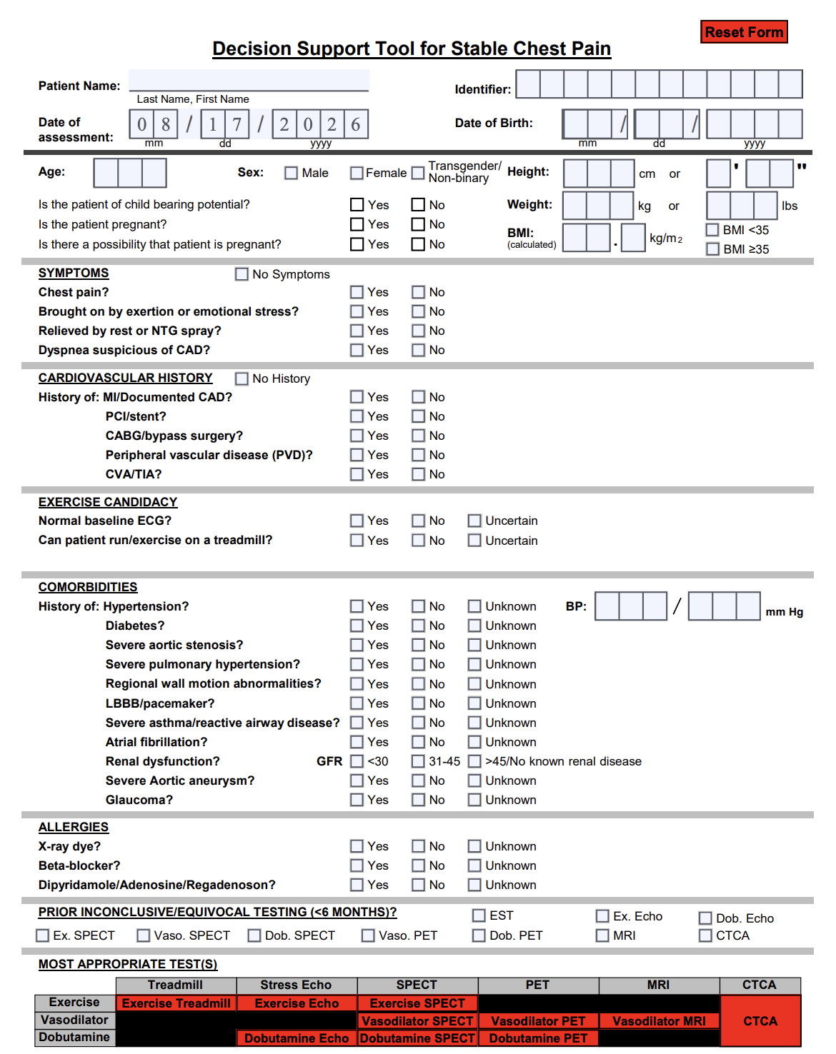 Preview of the Decision Support Tool for Stable Chest Pain form